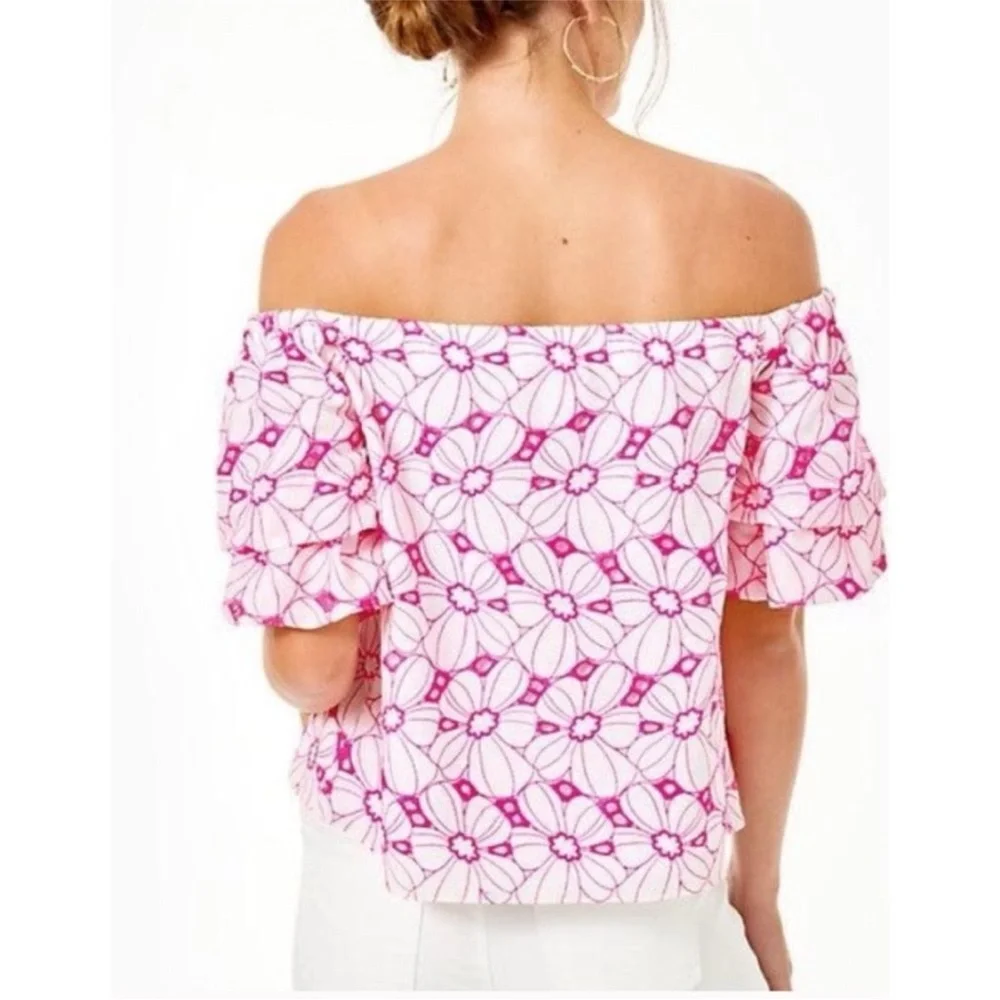Lily Pulitzer Lesley off shoulder pink and white fully lined eyelet top. - Picture 5 of 8